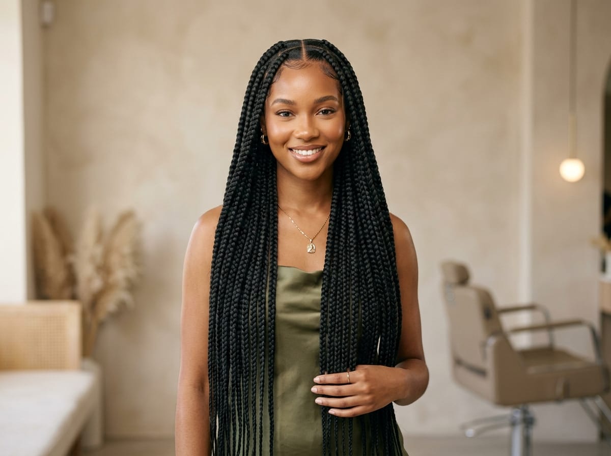 Waist-length big knotless braids installed in clean studio setting